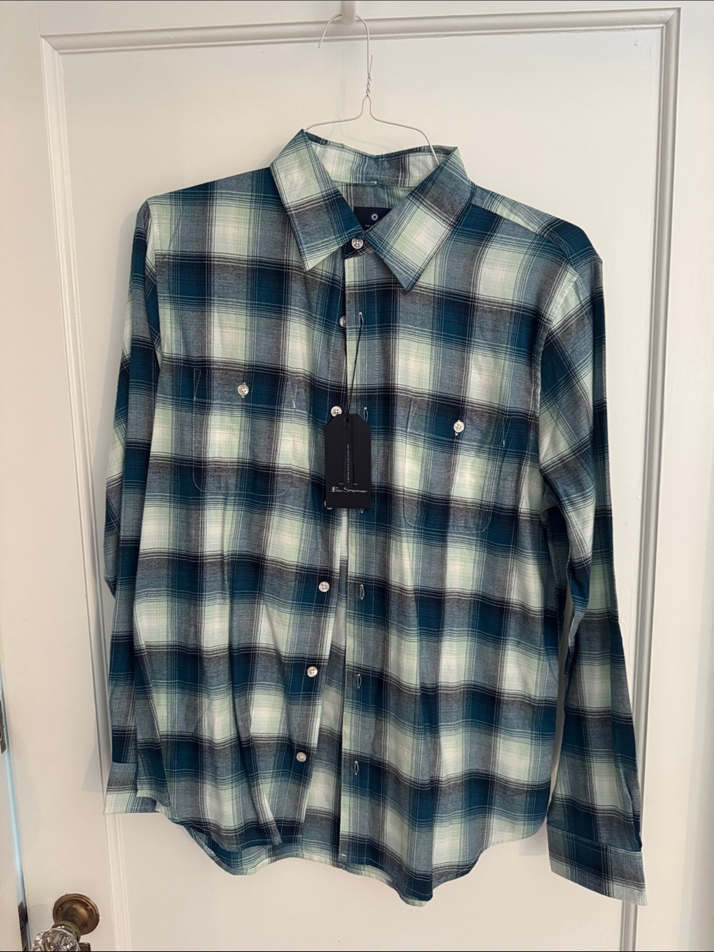 Ben Sherman Teal and White Plaid Button-Down Shirt